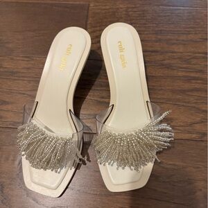 Cult Gaia Clear and Cream Beaded Mules